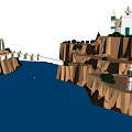 Magical Cartoon Scene with Mountain Cliff Dome Building Green Door Stairs Water and Greenery