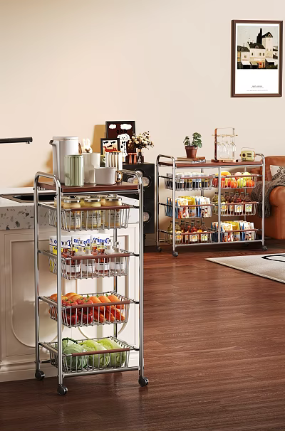 Multi tier Metal Storage Racks with Wheels for Kitchen Supplies and Fruits in Home Living Space 3d model