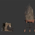 Rustic Wooden Crate With Wheels And Stick Filled Basket On Tripod Stand