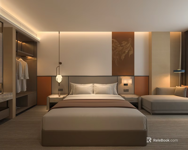 Modern Minimalist Hotel Guest Room With Bed Nightstands Sofa And Decorative Painting 3d model 