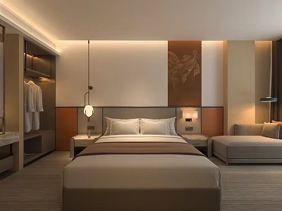 Modern Minimalist Hotel Guest Room With Bed Nightstands Sofa And Decorative Painting 3d model