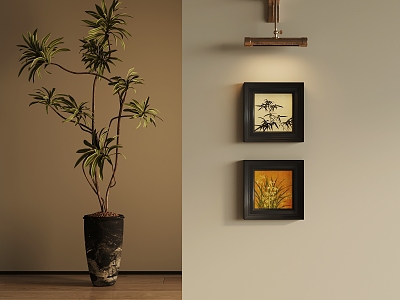 Middle Ancient Style Hanging Painting Floor-standing Potted Plant Green Plant model