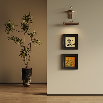 Middle Ancient Style Hanging Painting Floor-standing Potted Plant Green Plant 3d model