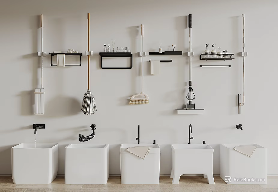 Contemporary Bathroom Set Featuring White Sinks Faucets Wall Mounted Racks And Cleaning Tools 3d model