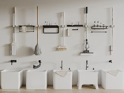 Contemporary Bathroom Set Featuring White Sinks Faucets Wall Mounted Racks And Cleaning Tools 3d model