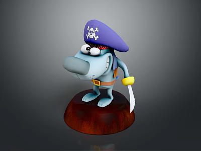 Cartoon Pirate Character Blue Creature with Purple Hat Skull Emblem holding Knife on Brown Base 3d model