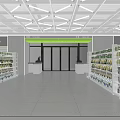 Supermarket Grocery Interior With Instant Food Shelves Bright Lighting And Counter