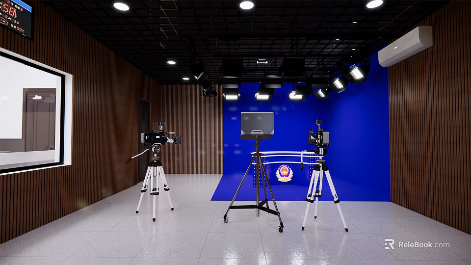 Public Office Space With Dark Blue Wall Wooden Panels White Flooring Cameras Tripods And Lighting 3d model 