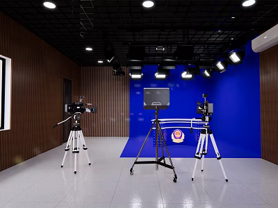 Public Office Space With Dark Blue Wall Wooden Panels White Flooring Cameras Tripods And Lighting 3d model