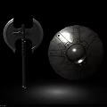 Ancient Medieval Metal Double Bladed Axe With Round Shield On Black Spotlight Background 3d model