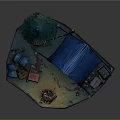 Cartoon Camping Scene With Blue Tent Christmas Tree Guitar Campfire Boxes And Rolled Blankets