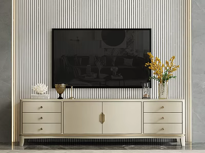 Elegant Modern TV Stand With Drawers Cabinet Doors TV And Yellow Flower Vase 3d model