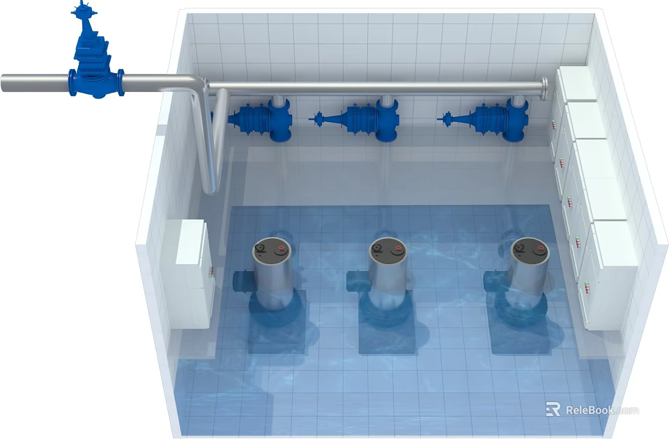 Industrial Equipment Workshop With Three Pumps Pipes Valves White Walls And Cabinets 3d model 