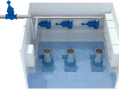 Industrial Equipment Workshop With Three Pumps Pipes Valves White Walls And Cabinets 3d model