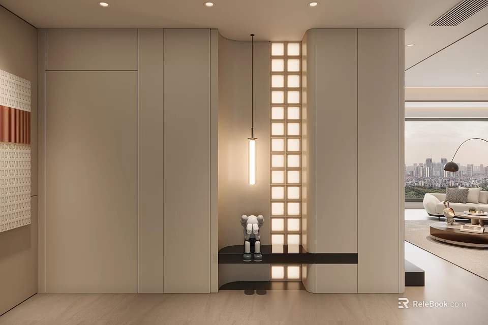 Modern Entryway Design With Beige Walls Vertical Lattice Accent Wall Black Bench And Recessed Lighting 3d model 