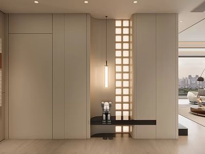 Modern Entryway Design With Beige Walls Vertical Lattice Accent Wall Black Bench And Recessed Lighting 3d model