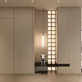 Modern Entryway Design With Beige Walls Vertical Lattice Accent Wall Black Bench And Recessed Lighting