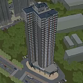 Modern High Rise Residential Building With Surrounding Greenery Nearby Road And Adjacent Buildings