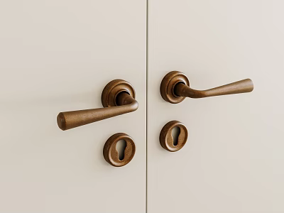 Brown Wooden Door Handles On White Doors With Keyholes Design 3d model