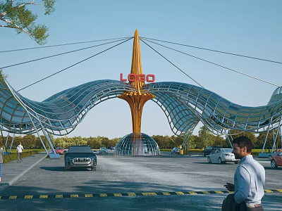 LEGO Modern Entrance Gate With Curved Glass Metal Structure Golden Support And Pedestrians 3d model