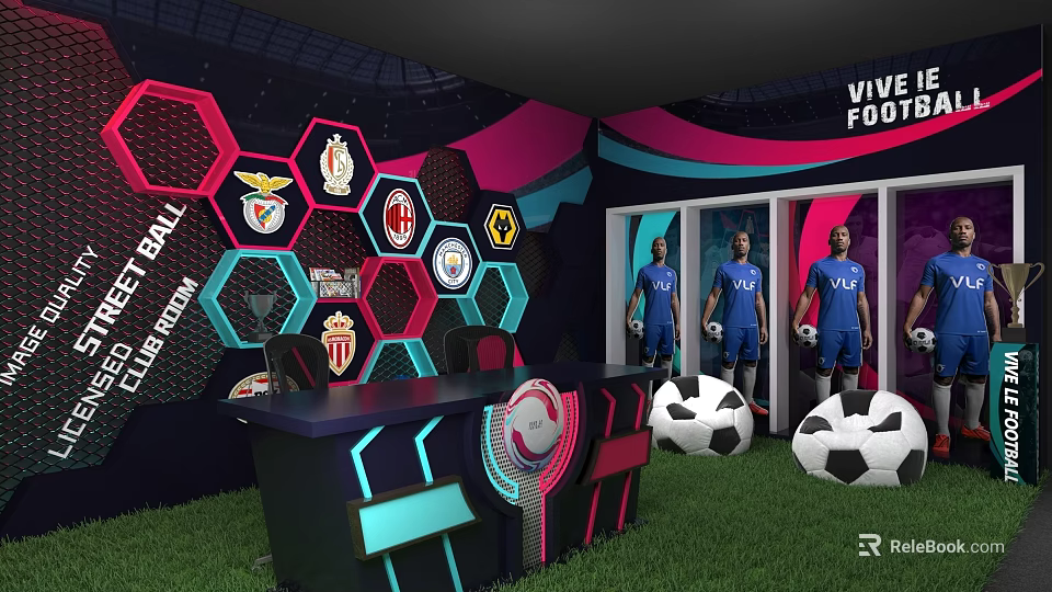 Public Office Area Interior For Vive Football Club With Hexagon Patterns And Soccer Balls 3d model 