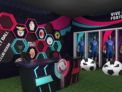 Public Office Area Interior For Vive Football Club With Hexagon Patterns And Soccer Balls 3d model