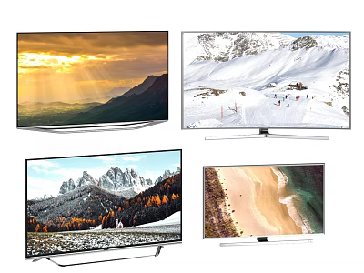 Multiple Televisions Displaying Different Natural Landscape Scenes Including Mountains And Beach 3d model