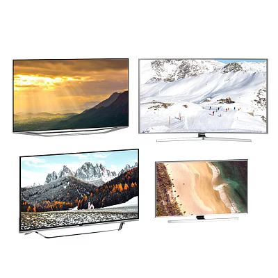 Multiple Televisions Displaying Different Natural Landscape Scenes Including Mountains And Beach 3d model