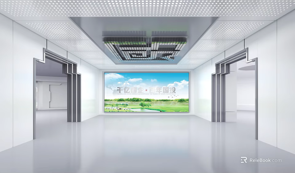 Modern Spacious Exhibition Hall Featuring Large Screen Displaying Billion level Ecological Circle 3d model