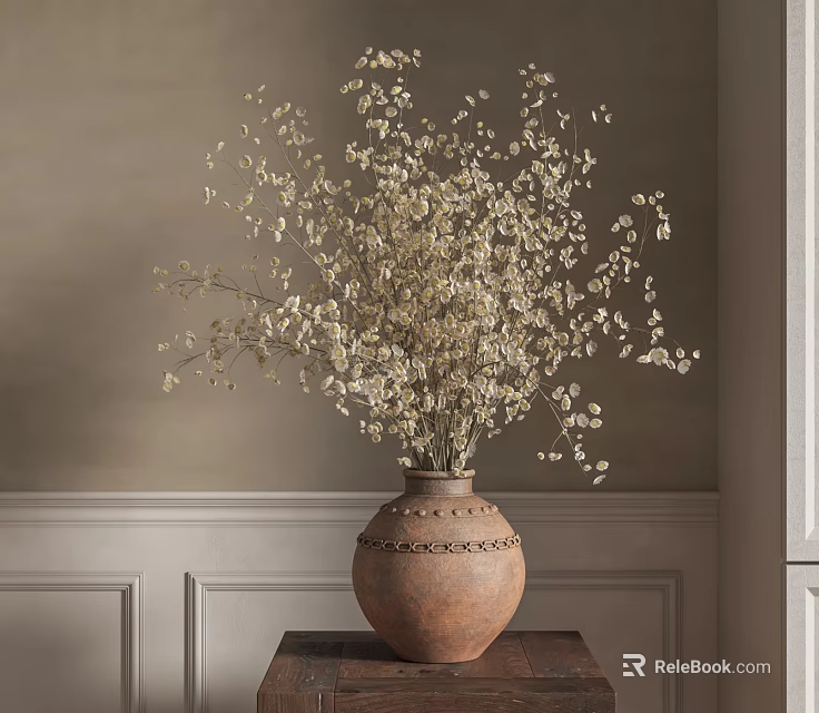 Ceramic Vase With Carved Details Holding Dried Flowers On Wooden Table Against Light Wall 3d model 