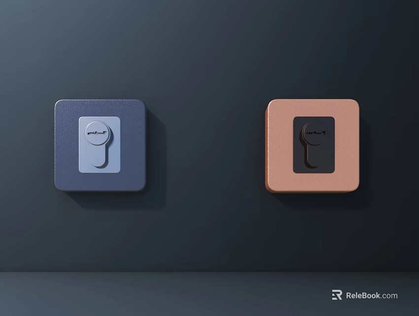 Square Blue and Copper Door Handles Mounted on Dark Wall Modern Design 3d model 