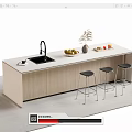 Modern Light Wood Bar Counter With White Top Sink Fruits Vase And Three Black Stools