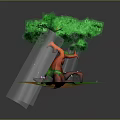 Vibrant Green Leaf Tree With Unique Red Trunk On Green Grass And Orange Soil
