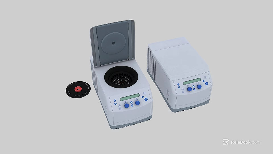Two Industrial Laboratory Centrifuges With White Body Control Panels And Rotor Components 3d model 