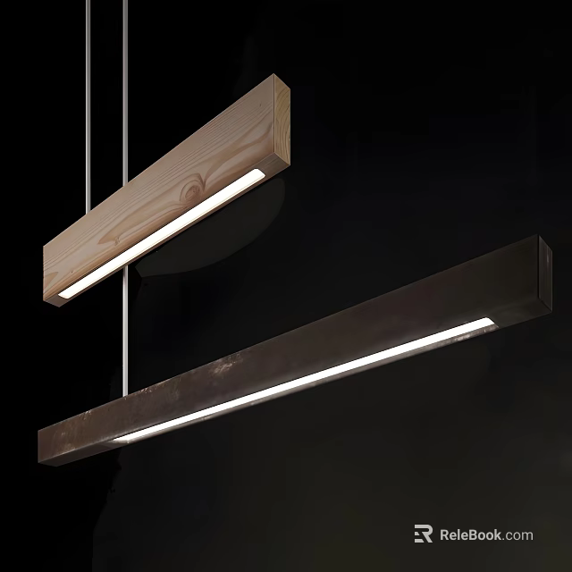 Modern Long Rectangular Pendant Lights With Wooden And Metal Finish And LED Strips 3d model 