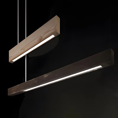 Modern Long Rectangular Pendant Lights With Wooden And Metal Finish And LED Strips 3d model