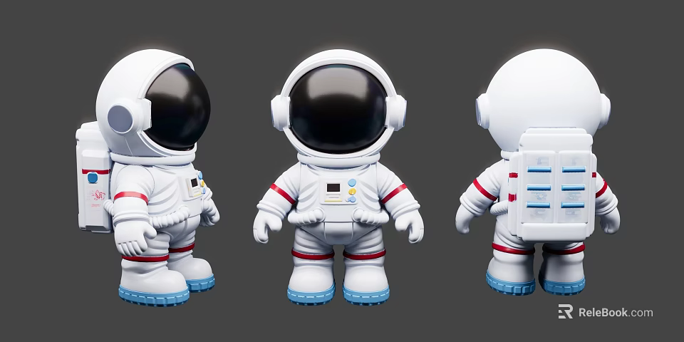 Three Astronaut Figurines With White Body Red Stripes Blue Boots And Backpack 3d model 