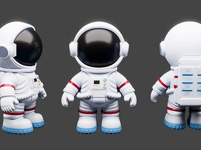 Three Astronaut Figurines With White Body Red Stripes Blue Boots And Backpack 3d model