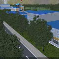Industrial Factory Complex With Multiple Warehouse Buildings Surrounded By Lush Green Trees 3d model