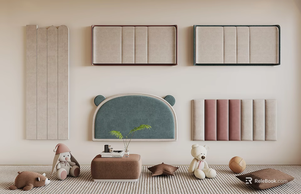 Cozy Kids Room Decor With Wall Panels And Plush Toys 3d model 