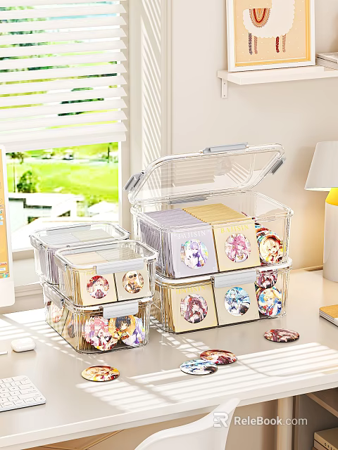 Transparent Storage Boxes For Daily Necessities With Cartoon Patterned Items Stacked On Windowsill 3d model 