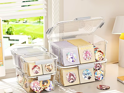 Transparent Storage Boxes For Daily Necessities With Cartoon Patterned Items Stacked On Windowsill 3d model
