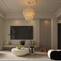Modern Living and Dining Room Interior Featuring Arched Doorway Chandelier White Sofas and TV Wall