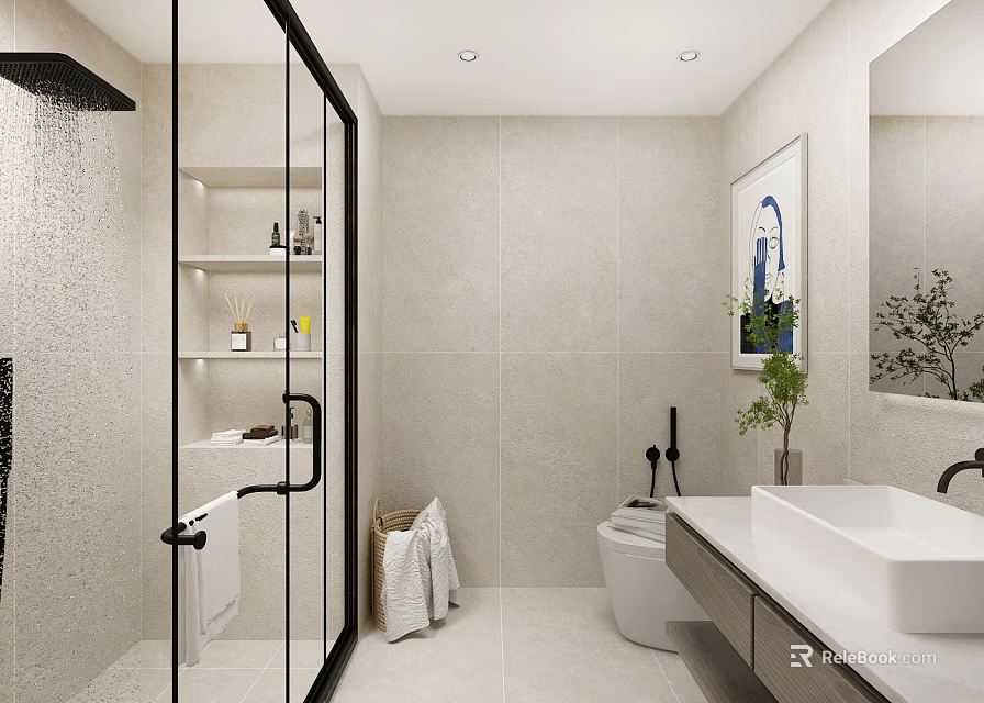 Modern Minimalist Bathroom With Glass Shower White Toilet Vanity Marble Countertop And Wall Mirror 3d model 