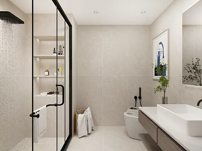 Modern Minimalist Bathroom With Glass Shower White Toilet Vanity Marble Countertop And Wall Mirror 3d model