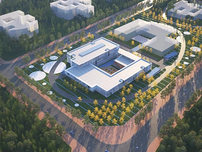 Aerial View Planning Of Modern Campus With Green Landscaping And Circular Layout Elements 3d model