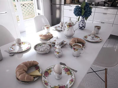 Delicious Breakfast Spread with Croissants Eggs Teacups and Floral Vase on White Table 3d model