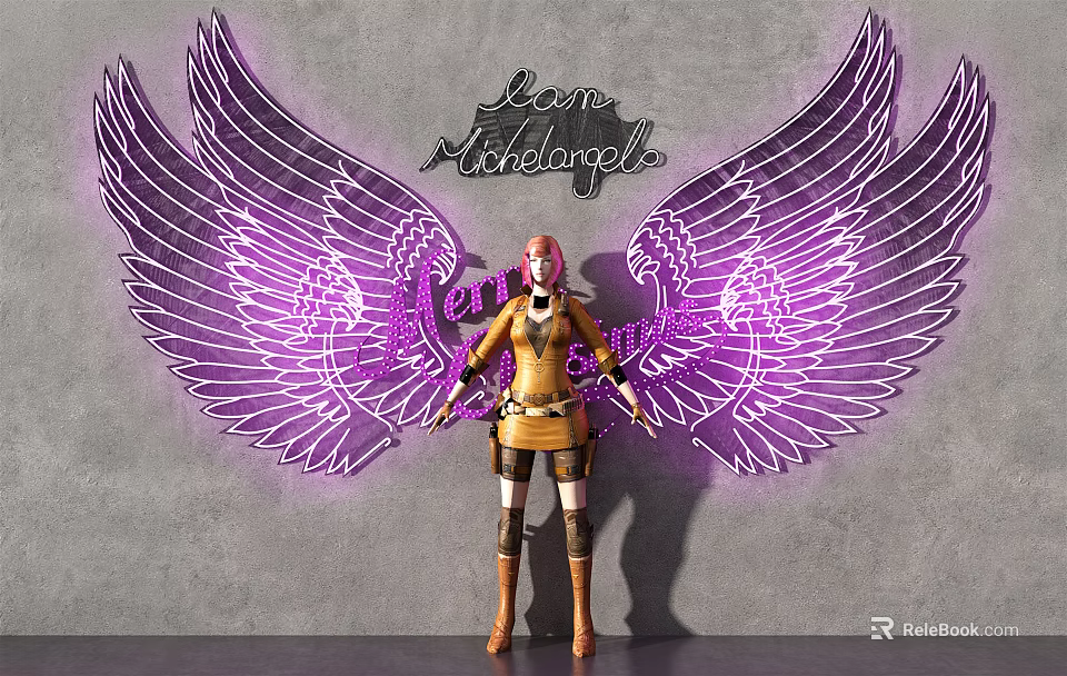 Purple Neon Wing Shaped Decorative Lights With Gray Wall Background And Lena Nightangle Text 3d model 