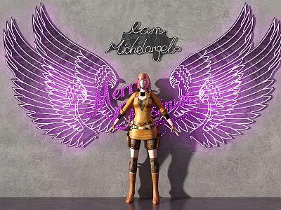 Purple Neon Wing Shaped Decorative Lights With Gray Wall Background And Lena Nightangle Text 3d model