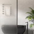 Elegant Bathroom Glass Partition With Textured Surface Black Bathtub And Green Plant
